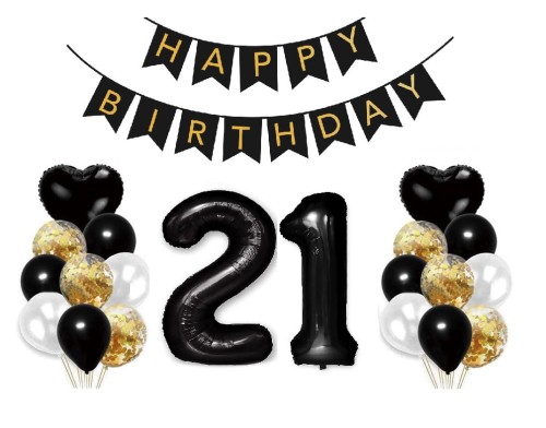 Zestaw balonów na 21 Urodziny Baner Happy Birthday Cyfry 100cm czarne