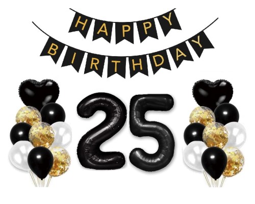 Zestaw balonów na 25 Urodziny Baner Happy Birthday Cyfry 100cm czarne