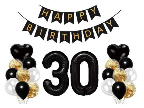Zestaw balonów na 30 Urodziny Baner Happy Birthday Cyfry 100cm czarne