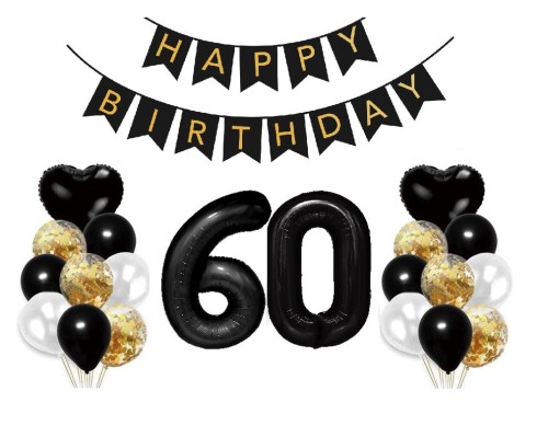 Zestaw balonów na 60 Urodziny Baner Happy Birthday Cyfry 100cm czarne