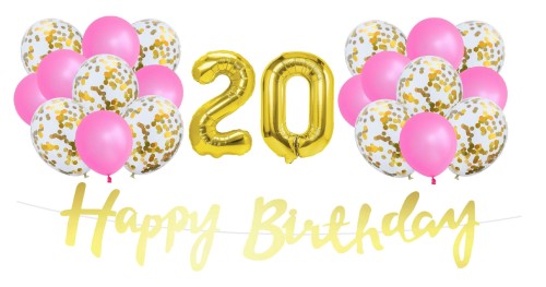 Zestaw balonów różowo złotych na 20 urodziny Baner Balony cyfry