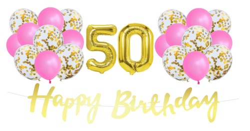 Zestaw balonów różowo złotych na 50 urodziny Baner Balony cyfry