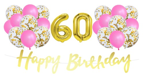 Zestaw balonów różowo złotych na 60 urodziny Baner Balony cyfry