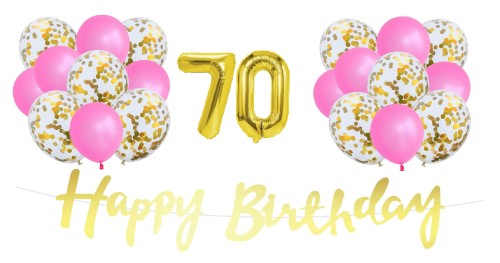 Zestaw balonów różowo złotych na 70 urodziny Baner Balony cyfry