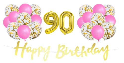 Zestaw balonów różowo złotych na 90 urodziny Baner Balony cyfry