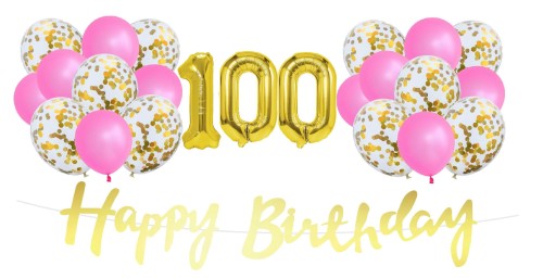 Zestaw balonów różowo złotych na 100 urodziny Baner Balony cyfry