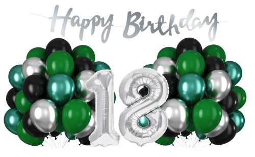 Balony na 18 Urodziny srebrno zielone Zestaw Cyfry Baner