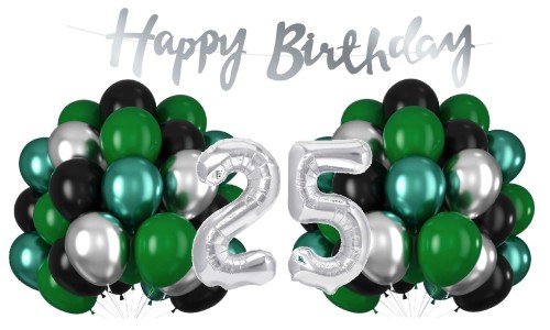 Balony na 25 Urodziny srebrno zielone Zestaw Cyfry Baner