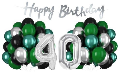 Balony na 40 Urodziny srebrno zielone Zestaw Cyfry Baner