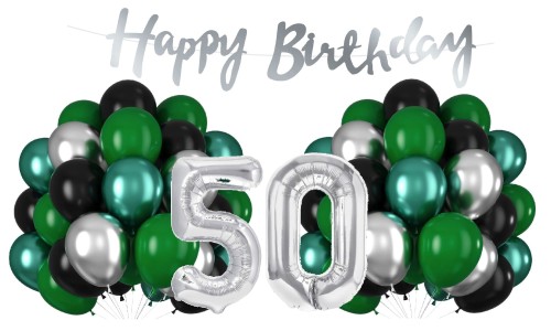 Balony na 50 Urodziny srebrno zielone Zestaw Cyfry Baner