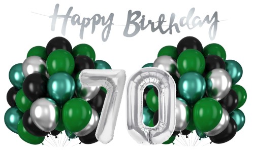 Balony na 70 Urodziny srebrno zielone Zestaw Cyfry Baner