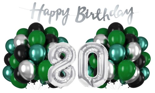 Balony na 80 Urodziny srebrno zielone Zestaw Cyfry Baner