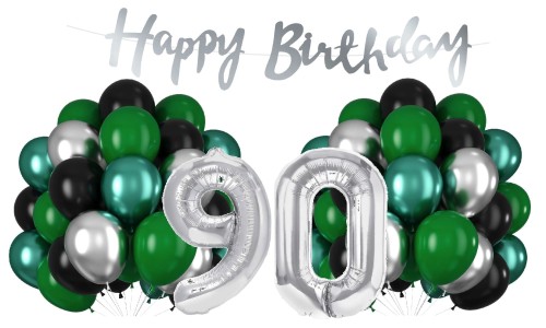 Balony na 90 Urodziny srebrno zielone Zestaw Cyfry Baner