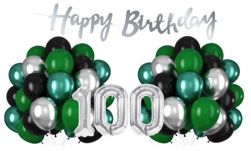 Balony na 100 Urodziny srebrno zielone Zestaw Cyfry Baner