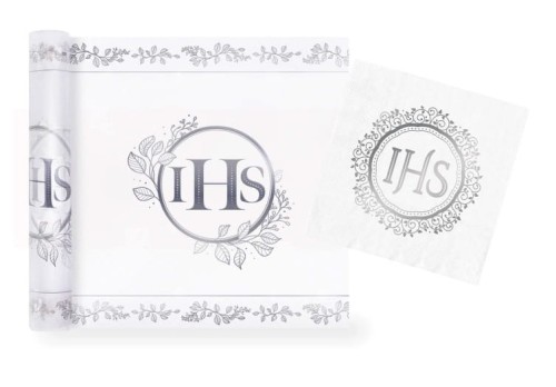 Zestaw Komunia święta bieżnik serwetki biało srebrne IHS Komunijny 5m długi