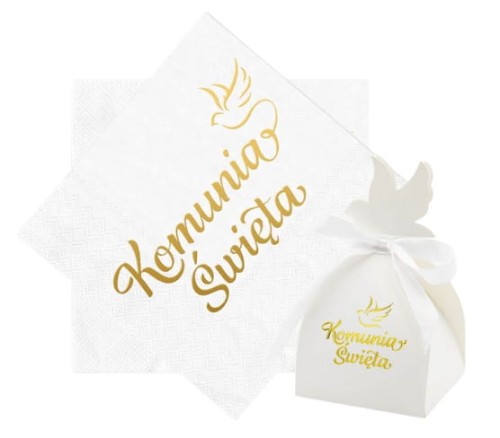 Zestaw serwetki Pudełko prezentowe Komunię biało złote podziękowania gości
