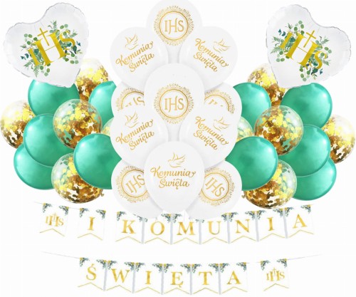 Balony na Komunię Św. IHS biało zielone gałązki