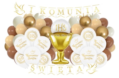 Balony na Komunię Świętą beżowe zestaw Kielich IHS