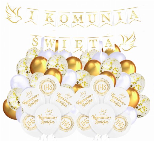 Balony na Komunię Świętą biało złote z Girlanda