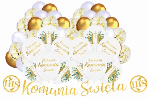 Balony na Komunię Świętą z Banerem Girlanda Biało złote