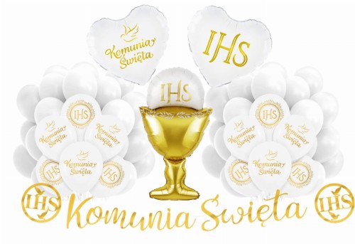 Balony na Komunię Świętą z Hostią Serca IHS zestaw