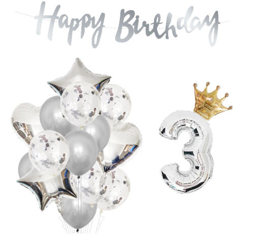 Zestaw z banerem Happy Birthday srebrne balony 0-9
