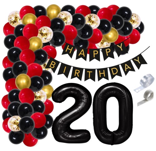 Girlanda balonowa czerwona 20 Urodziny Cyfry czarne Baner Urodzinowy Balony