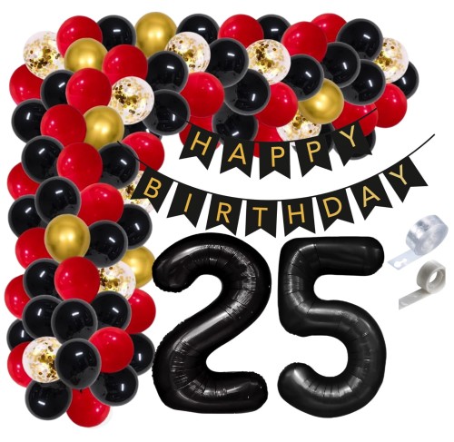 Girlanda balonowa czerwona 25 Urodziny Cyfry czarne Baner Urodzinowy Balony