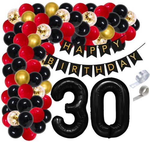 Girlanda balonowa czerwona 30 Urodziny Cyfry czarne Baner Urodzinowy Balony