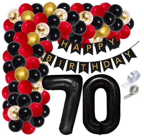 Girlanda balonowa czerwona 70 Urodziny Cyfry czarne Baner Urodzinowy Balony