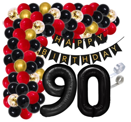 Girlanda balonowa czerwona 90 Urodziny Cyfry czarne Baner Urodzinowy Balony