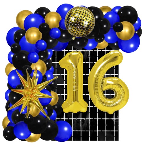 Girlanda balonowa granatowo czarna Kurtyna cyfry złote 70cm 16 urodziny