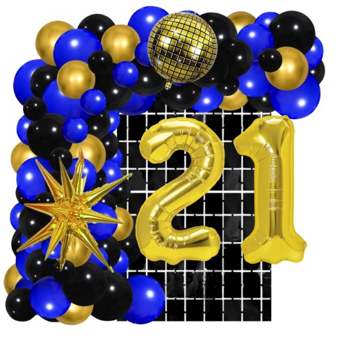 Girlanda balonowa granatowo czarna Kurtyna cyfry złote 21 urodziny Zestaw