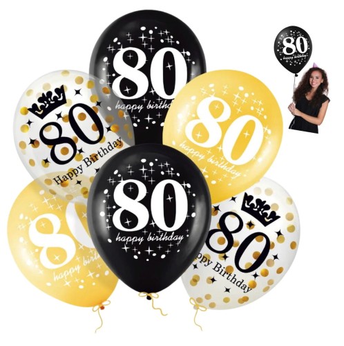 Balony lateksowe z nadrukiem 80 urodziny z konfetti 12 cali 6 sztuk