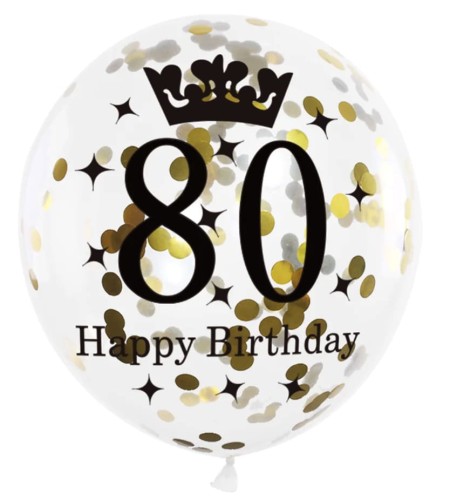 Balony lateksowe z nadrukiem 80 urodziny z konfetti 12 cali 6 sztuk