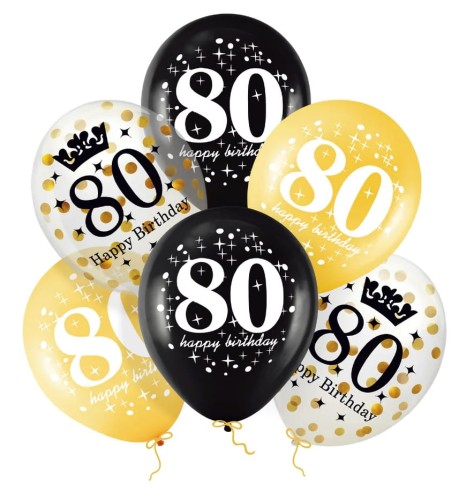 Balony lateksowe z nadrukiem 80 urodziny z konfetti 12 cali 6 sztuk