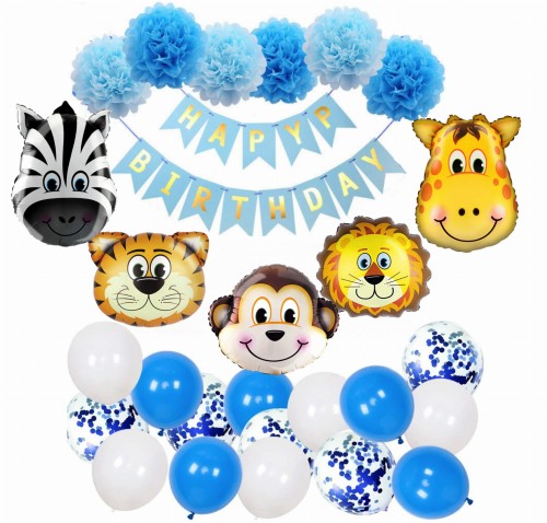 Balony safari niebieskie chłopca Roczek Urodziny Zestaw balonów ZOO lew
