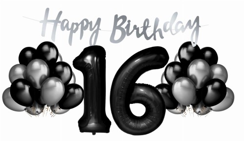 Zestaw balonów na 16 urodziny Cyfry czarne balony srebrno czarne Baner Hel