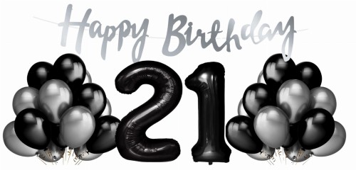 Zestaw balonów na 21 urodziny Cyfry czarne balony srebrno czarne Baner Hel