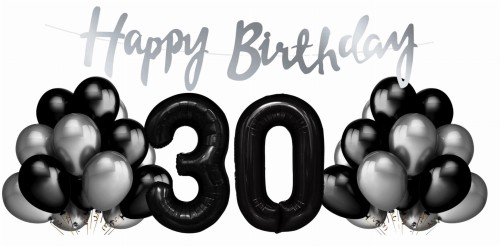 Zestaw balonów na 30 urodziny Cyfry czarne balony srebrno czarne Baner Hel