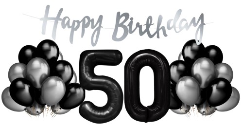 Zestaw balonów na 50 urodziny Cyfry czarne balony srebrno czarne Baner Hel