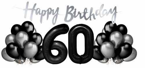 Zestaw balonów na 60 urodziny Cyfry czarne balony srebrno czarne Baner Hel
