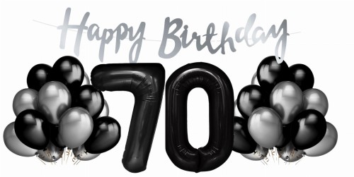 Zestaw balonów na 70 urodziny Cyfry czarne balony srebrno czarne Baner Hel
