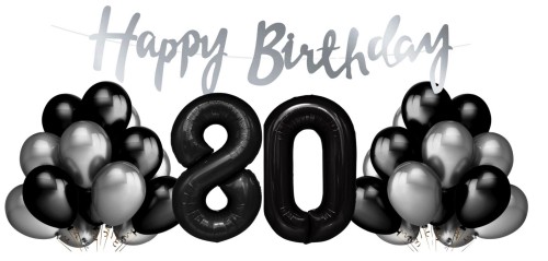 Zestaw balonów na 80 urodziny Cyfry czarne balony srebrno czarne Baner Hel