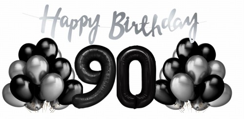 Zestaw balonów na 90 urodziny Cyfry czarne balony srebrno czarne Baner Hel