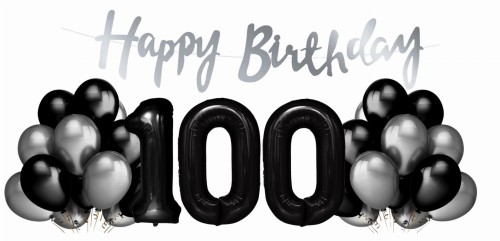 Zestaw balonów na 100 urodziny Cyfry czarne balony srebrno czarne Baner Hel
