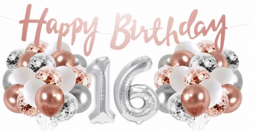 Zestaw balonów 16 urodziny Rose gold srebrne Baner Happy Birthday 16stka