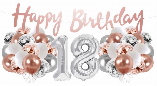 Zestaw balonów 18 urodziny Rose gold srebrne Baner Happy Birthday 18stka