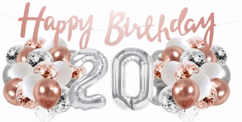 Zestaw balonów 20 urodziny Rose gold srebrne Baner Happy Birthday 20stka