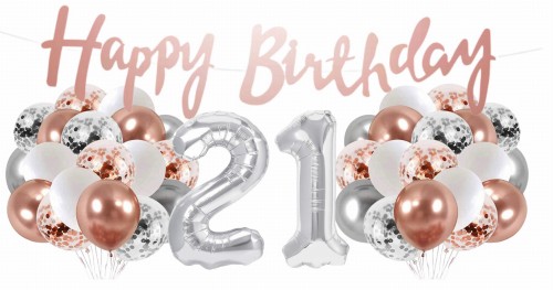 Zestaw balonów 21 urodziny Rose gold srebrne Baner Happy Birthday Balony